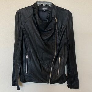 Lamarque Leather Biker Moto Jacket Black Full Asymmetric Zip Slouch Collar M
